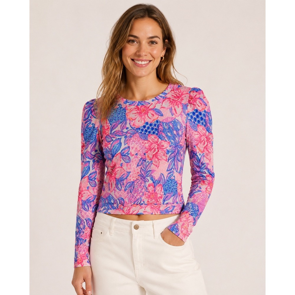 Lilly Pulitzer Turtle Recall Puffed Shoulder Top Pink Blue Floral Sea Turtle XS